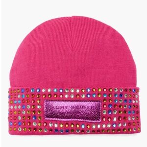 Kurt Geiger London Hot Pink Logo Patch Crystal Cuff Beanie Winter Hat